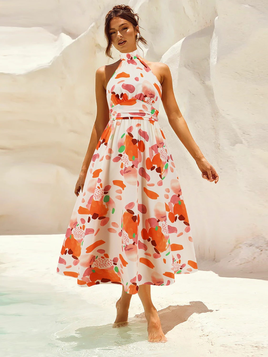 Sunset Vacation Ruched Printed Halter Neck Sleeveless Dress Sunset and Swim Coral S 