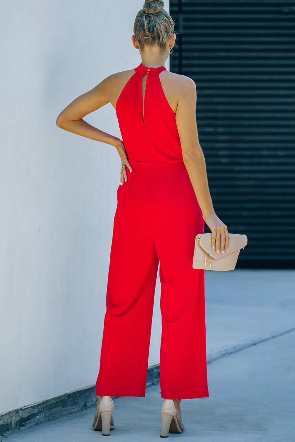 Twisted Grecian Neck Wide Leg Jumpsuit Sunset and Swim   