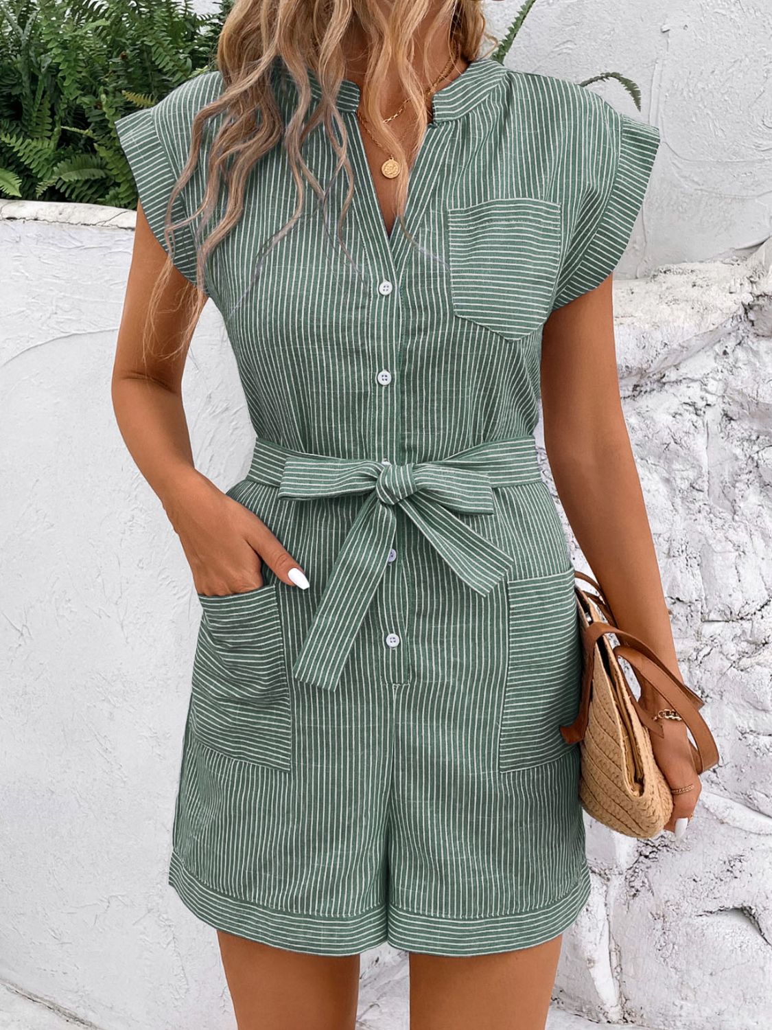 Striped Notched Tie Waist Romper Sunset and Swim   