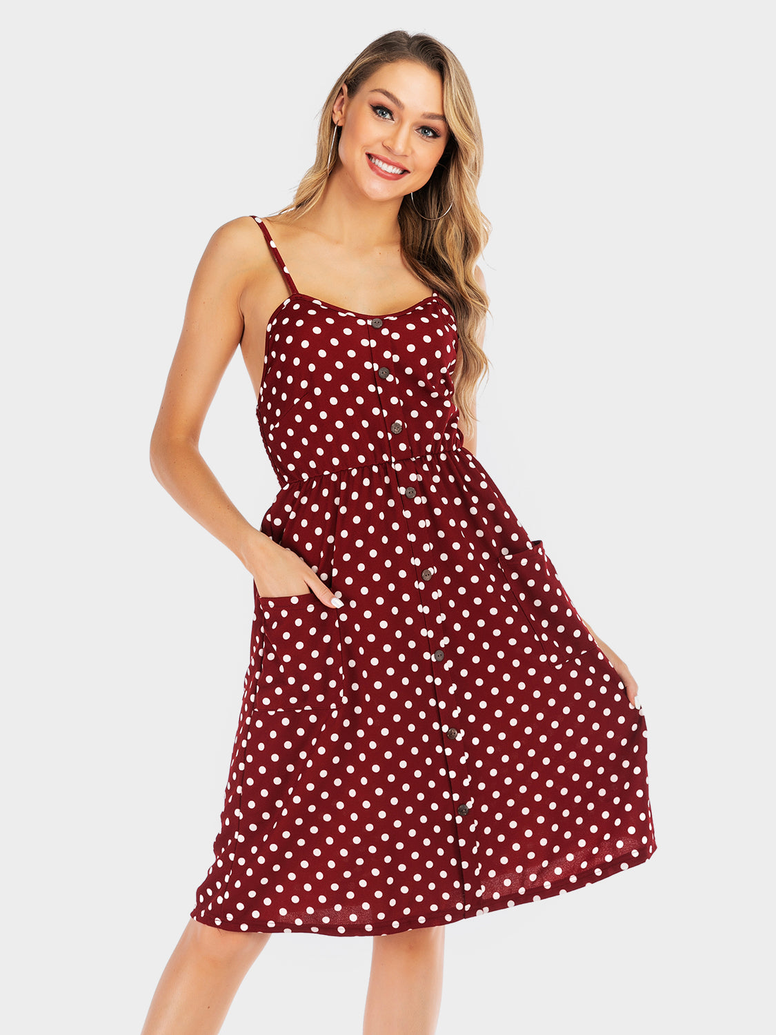 Sunset Vacation Perfee Polka Dot Sweetheart Neck Dress with Pockets Sunset and Swim   