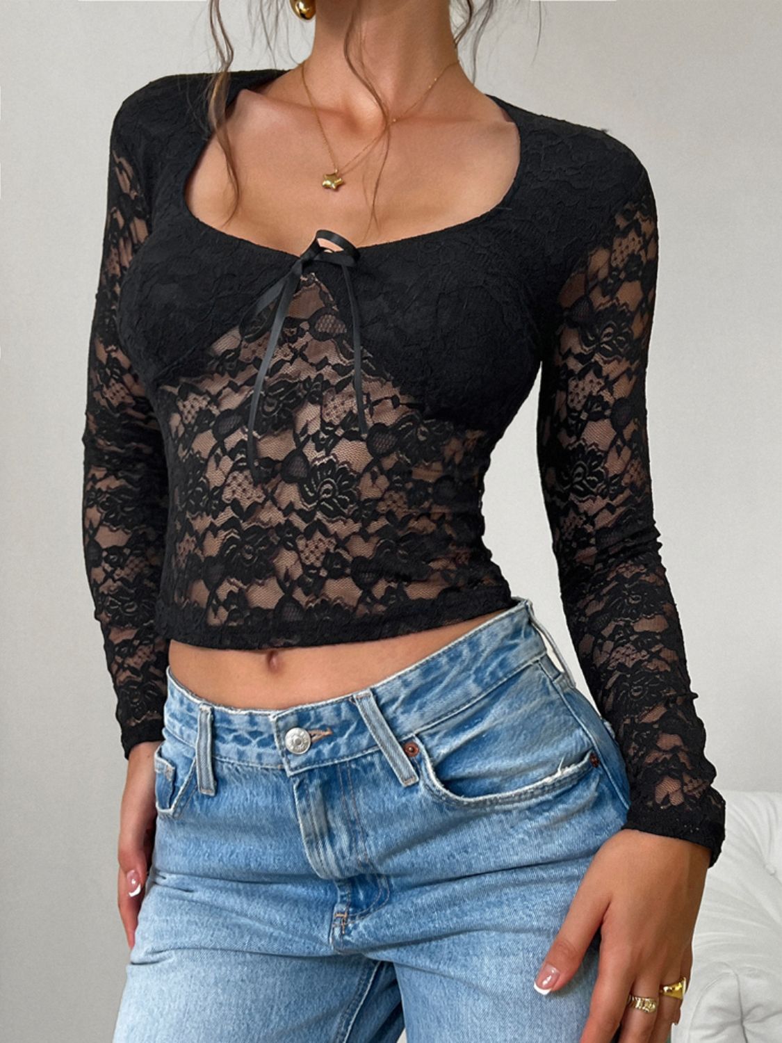 Devine Scoop Neck Long Sleeve Lace Top Sunset and Swim   