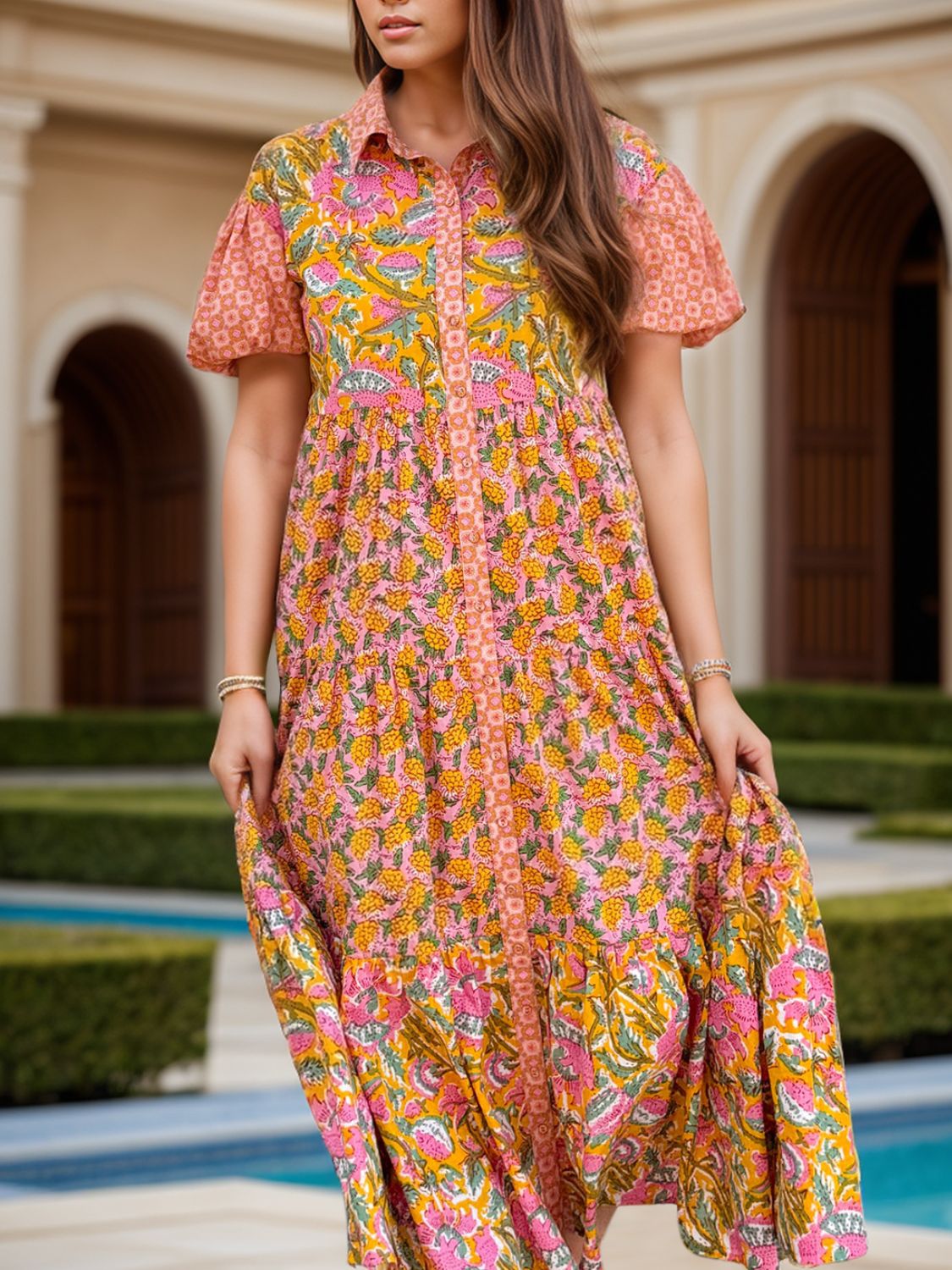 Printed Collared Neck Short Sleeve Midi Dress Sunset and Swim Burnt Coral S 