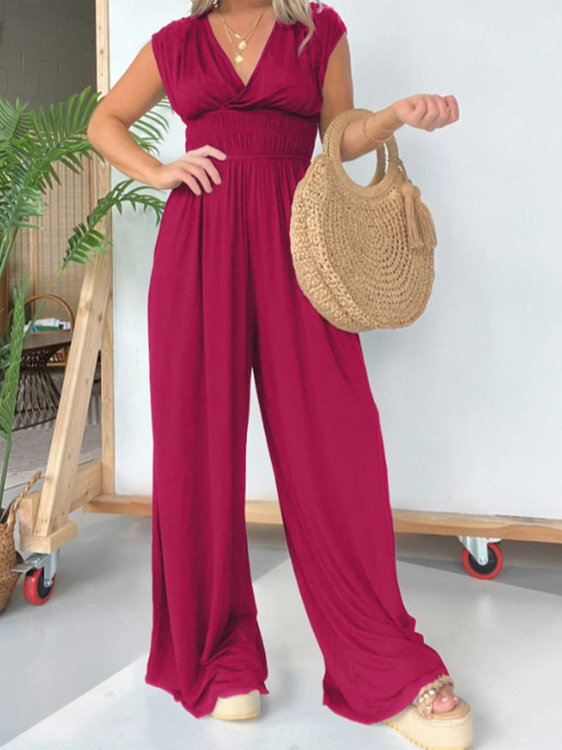 Smocked Cap Sleeve Wide Leg Jumpsuit Sunset and Swim   