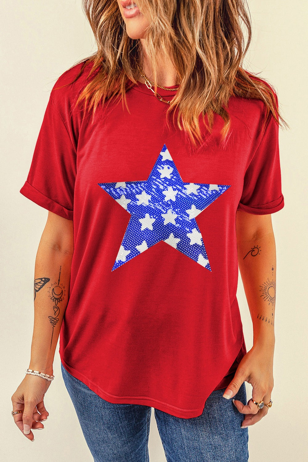 USA Sequin Star Round Neck Short Sleeve T-Shirt Sunset and Swim Deep Red S 