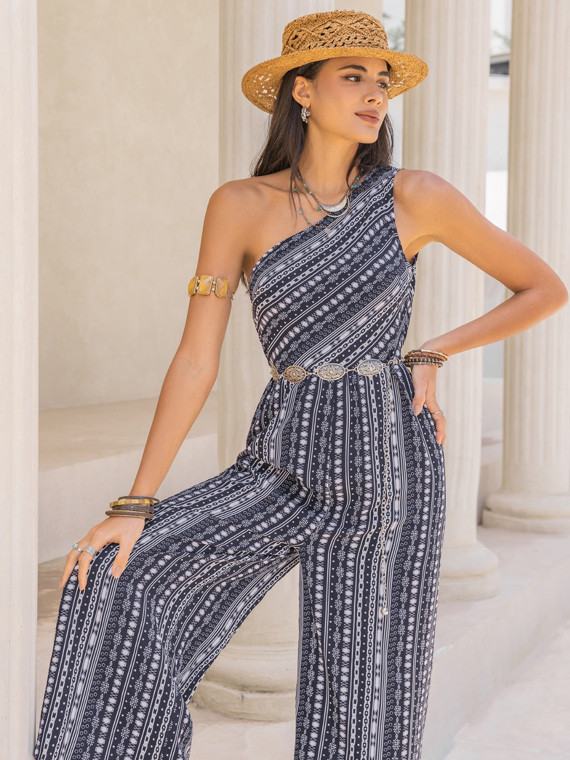 Sunset and Swim  Printed Single Shoulder Sleeveless Jumpsuit Sunset and Swim   