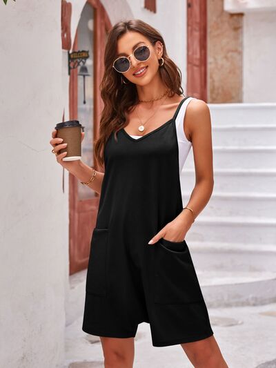 Spaghetti Strap Romper with Pockets Sunset and Swim Black S 