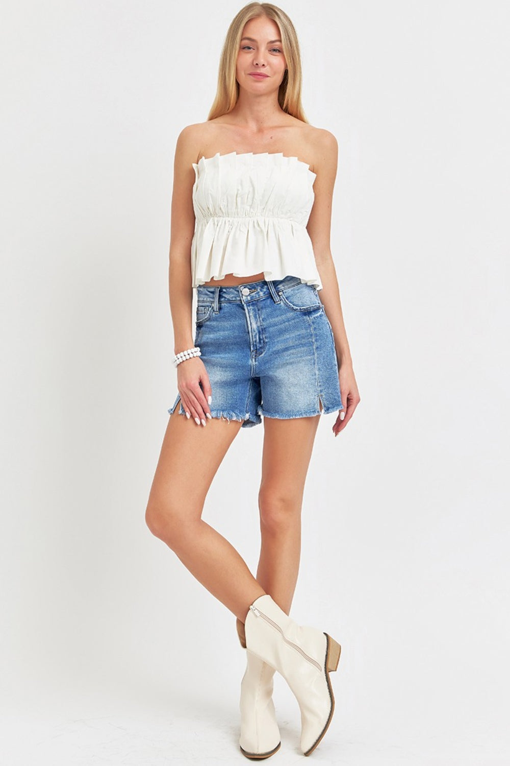 RISEN Front Slit Raw Hem Denim Shorts Sunset and Swim   