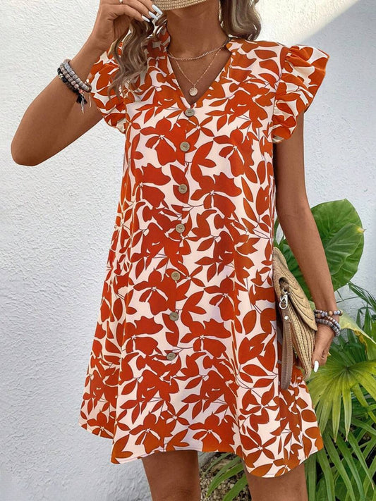 Sunset Vacation  Printed Notched Cap Sleeve Mini Dress