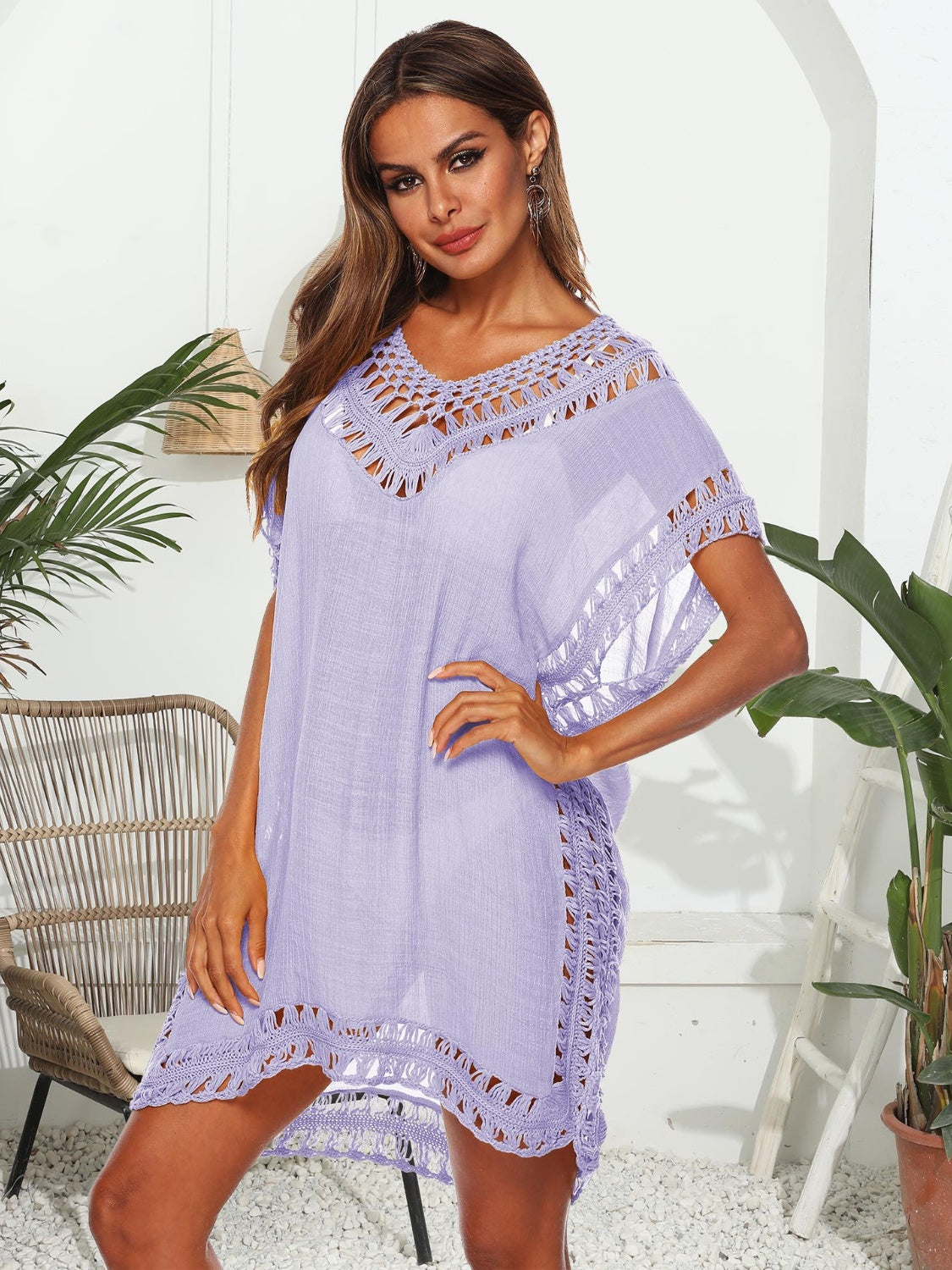 Sunset Vacation  Cutout V-Neck Short Sleeve Cover-Up  Sunset and Swim Lavender One Size 