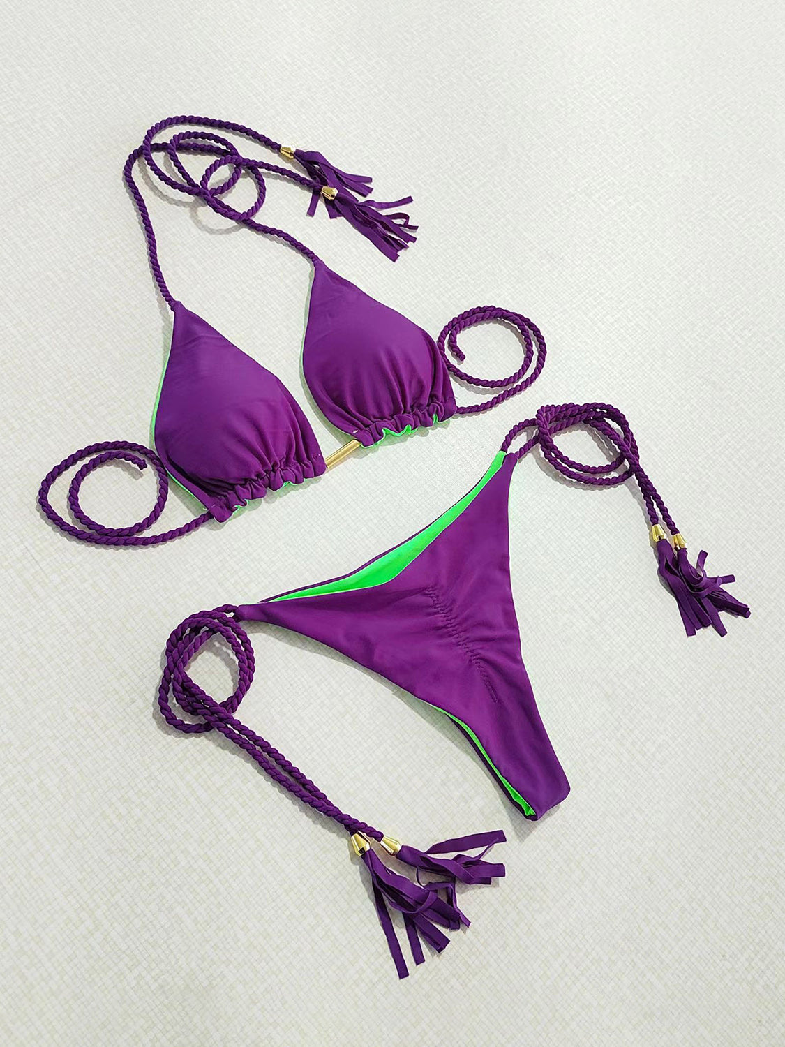 Sunset Vacation  Contrast Halter Neck Two-Piece Bikini Set Sunset and Swim Purple S 
