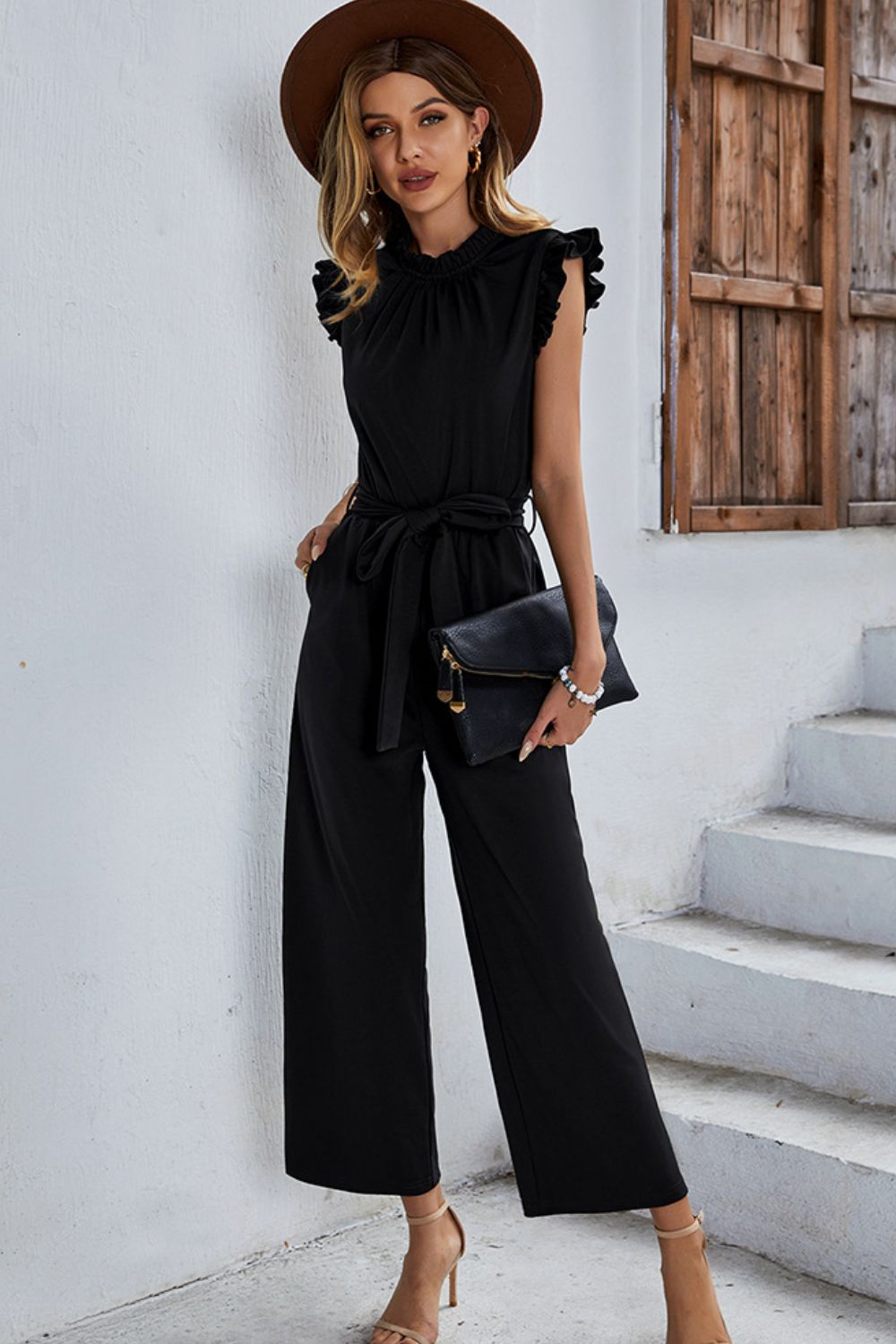 Butterfly Sleeve Tie Waist Jumpsuit  Sunset and Swim Black S 