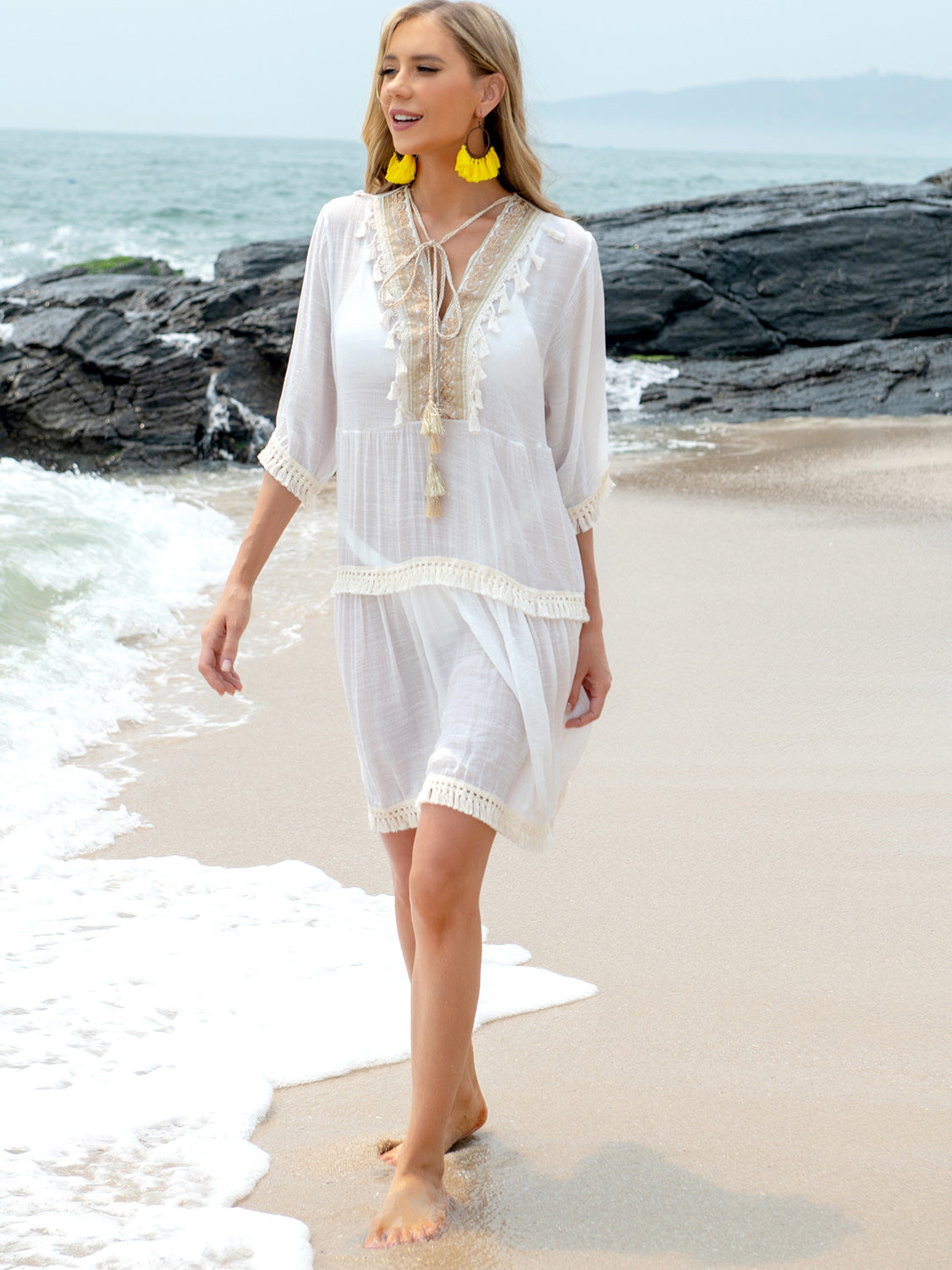 Sunset Vacation Tassel Lace Detail Half Sleeve Cover-Up Dress Sunset and Swim   