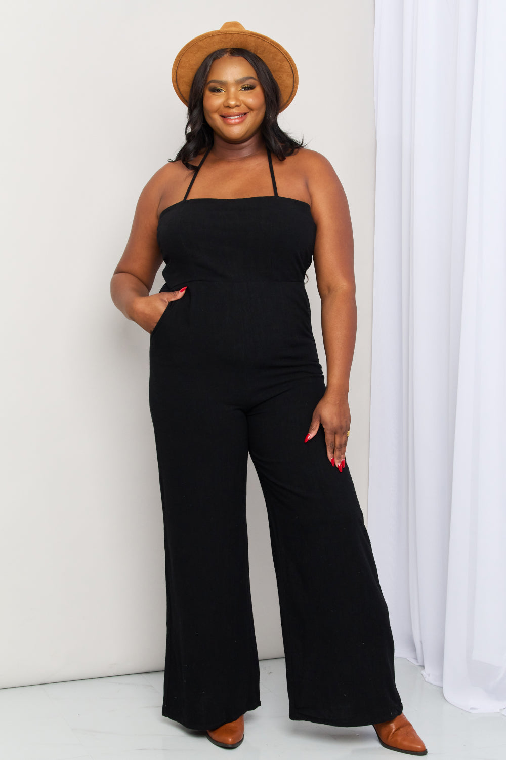 Sunset and Swim Plus Size Halter Neck Wide Leg Jumpsuit with Pockets Sunset and Swim   