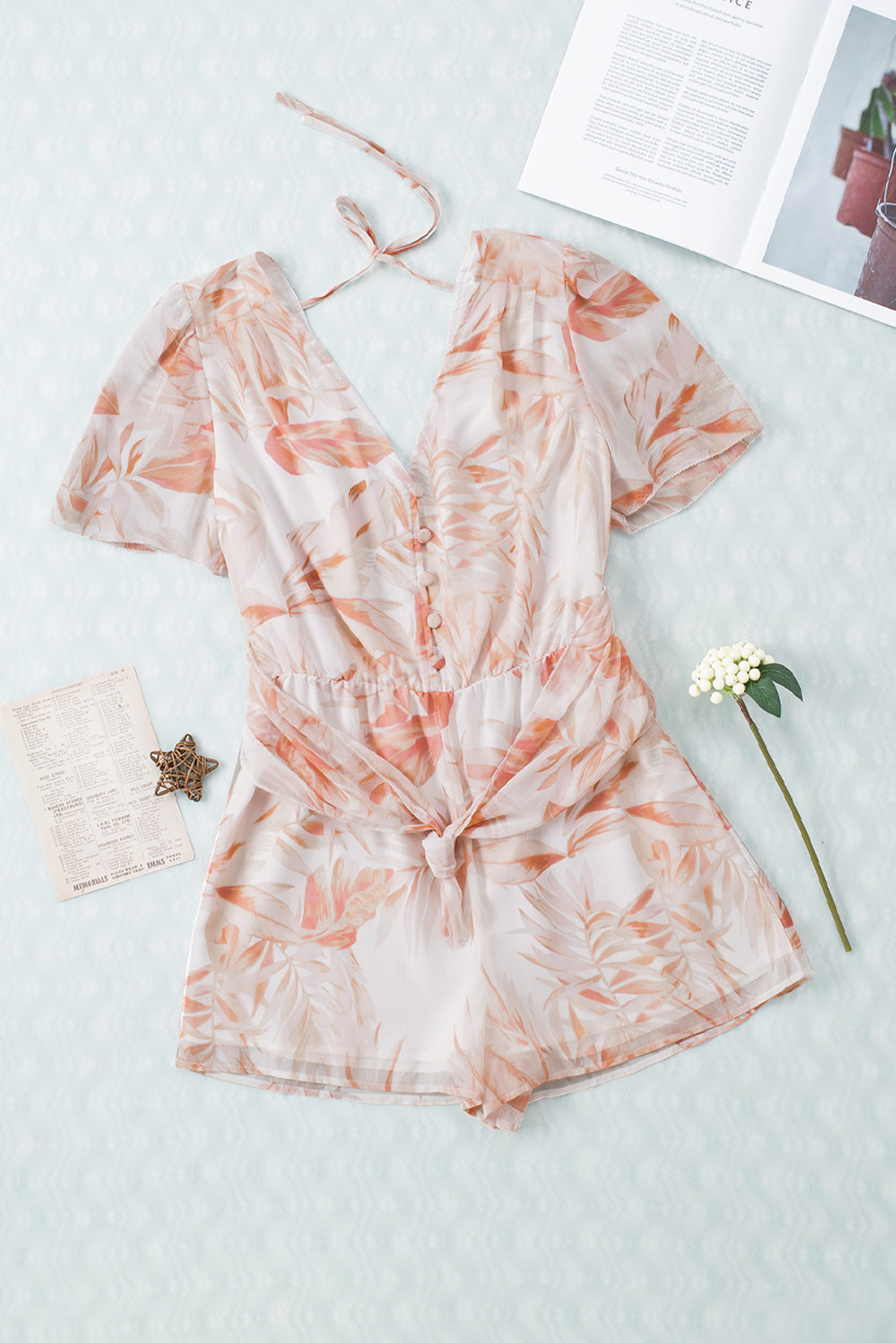 Printed Short Sleeve Tie Front Romper  Sunset and Swim   