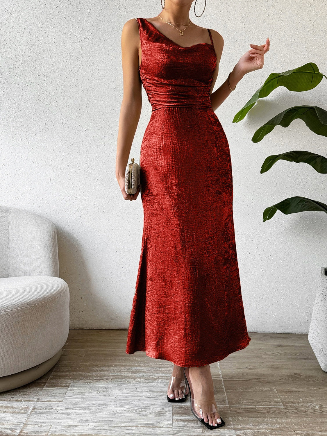 Asymmetric Neck Sleeveless Midi Dress Sunset and Swim Burgundy S 