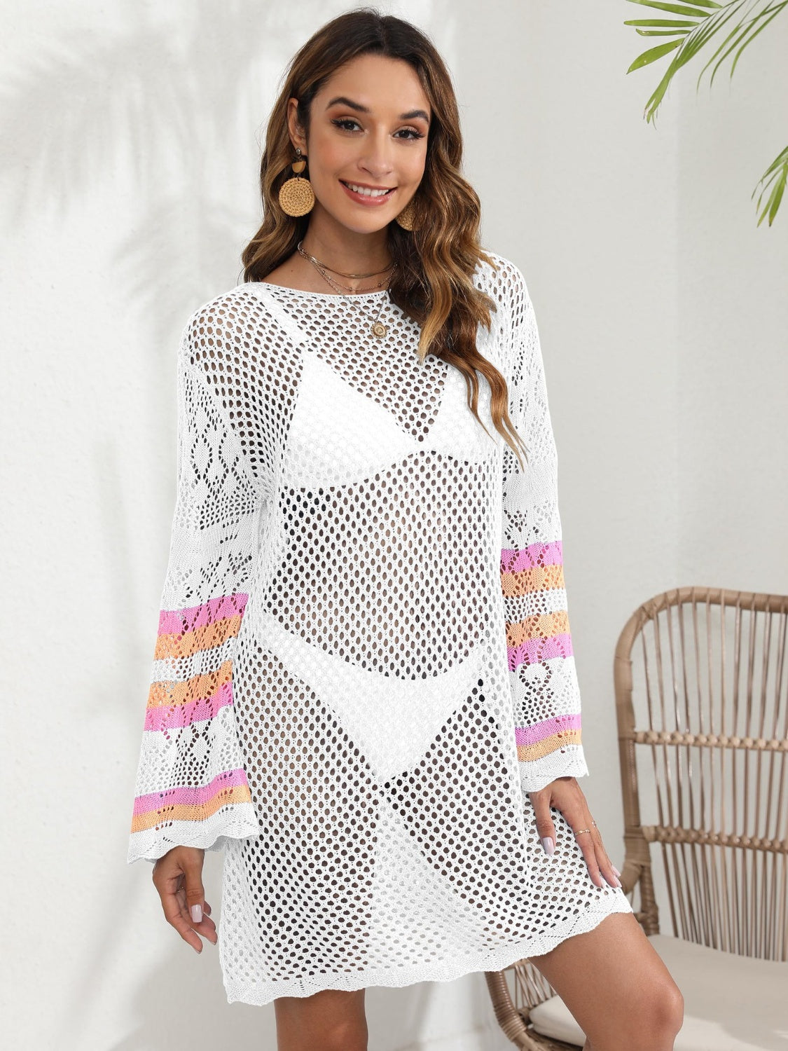 Sunset Vacation  Openwork Contrast Long Sleeve Cover-Up Sunset and Swim   