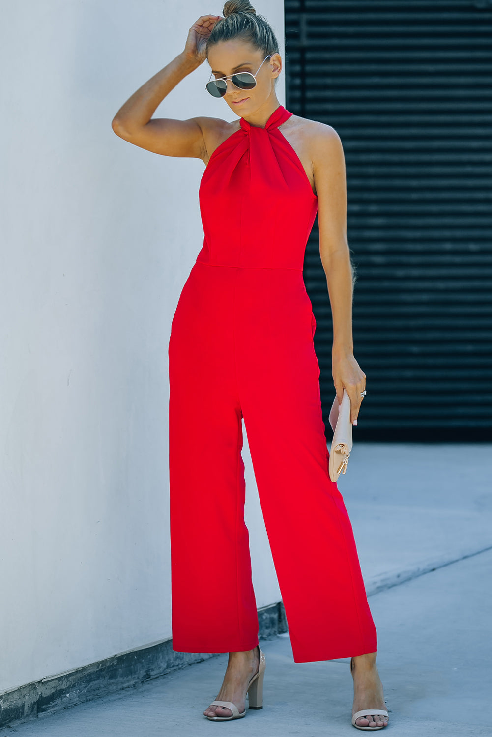 Twisted Grecian Neck Wide Leg Jumpsuit Sunset and Swim   