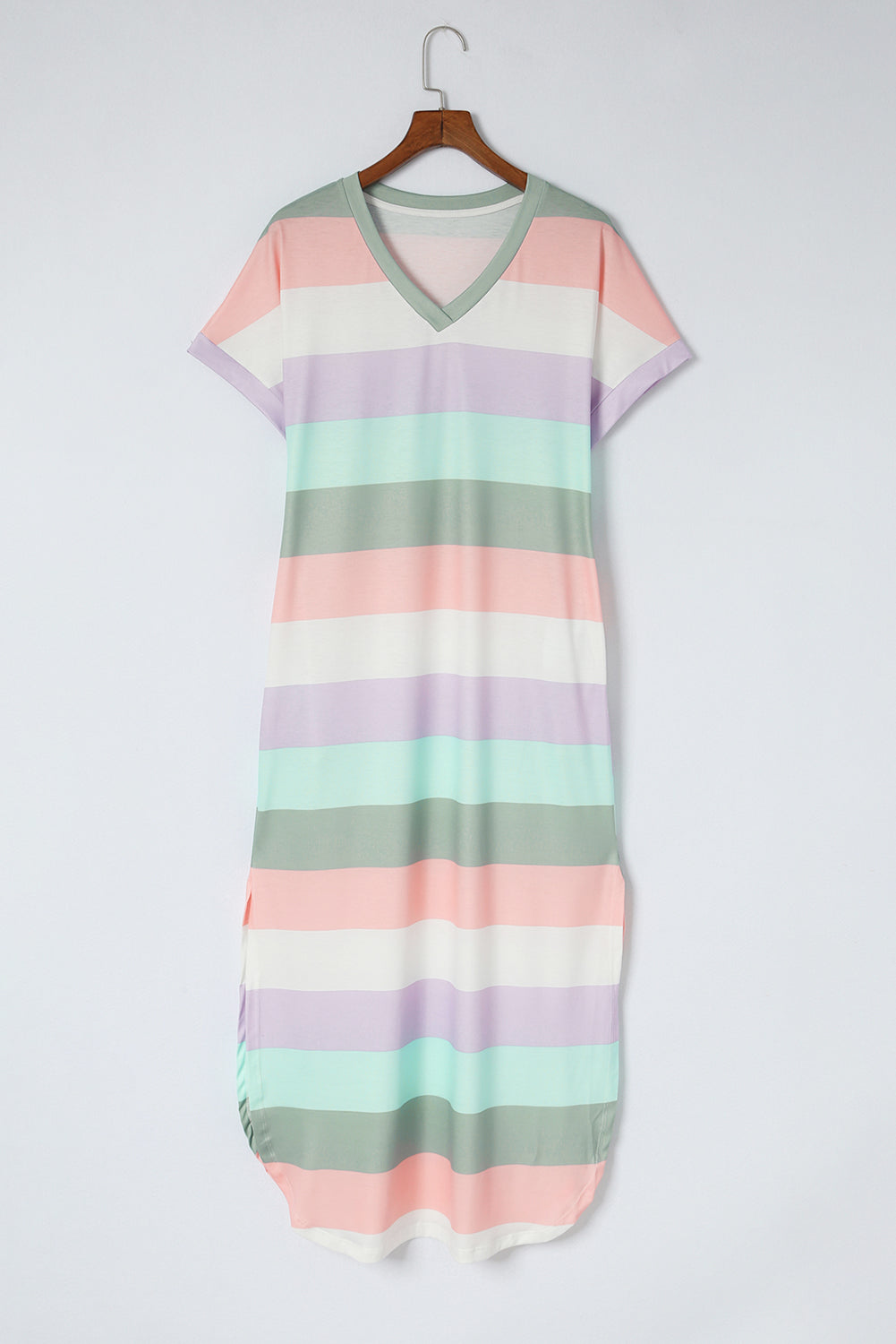 Color Block V-Neck Short Sleeve Slit Dress with Pockets  Sunset and Swim Peach S 