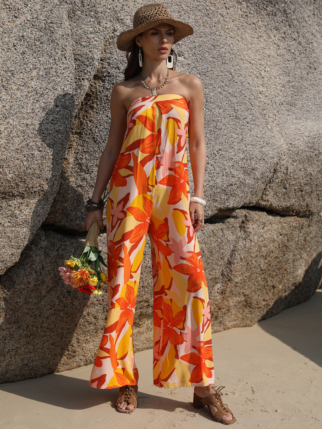 Tied Printed Tube Wide Leg Jumpsuit Sunset and Swim   