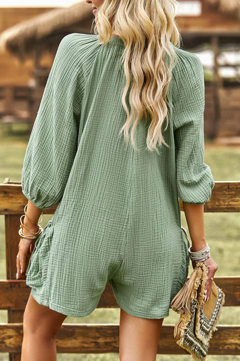 Textured Notched Neck Romper with Pockets Sunset and Swim   