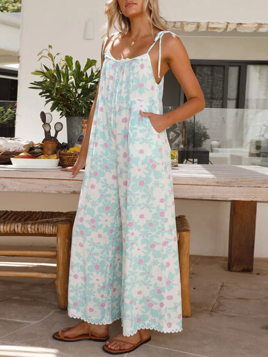 Printed Wide Leg Jumpsuit with Pockets  Sunset and Swim   