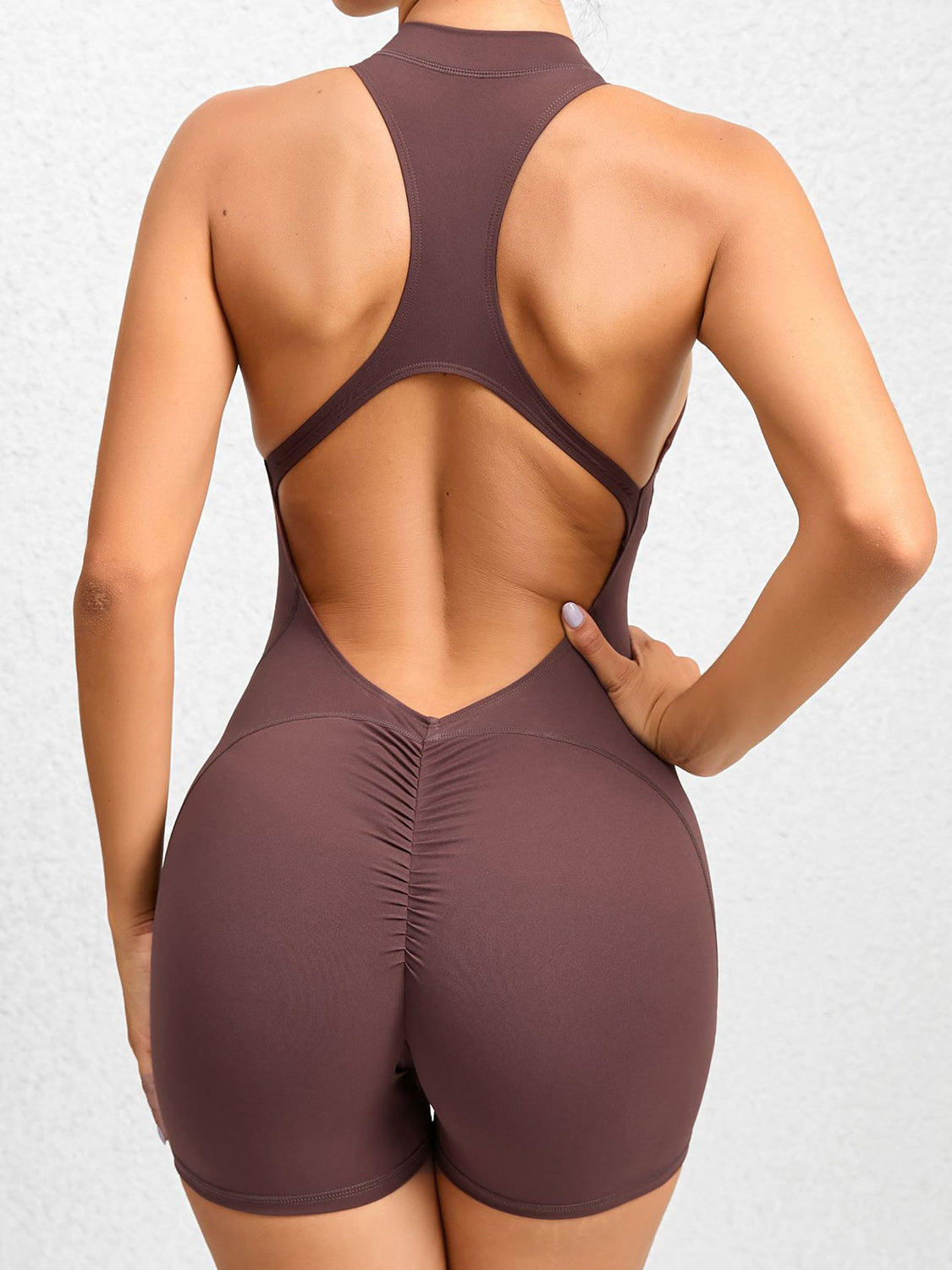 Sunset and Swim  Cutout Ruched Half Zip Active Romper  Sunset and Swim   