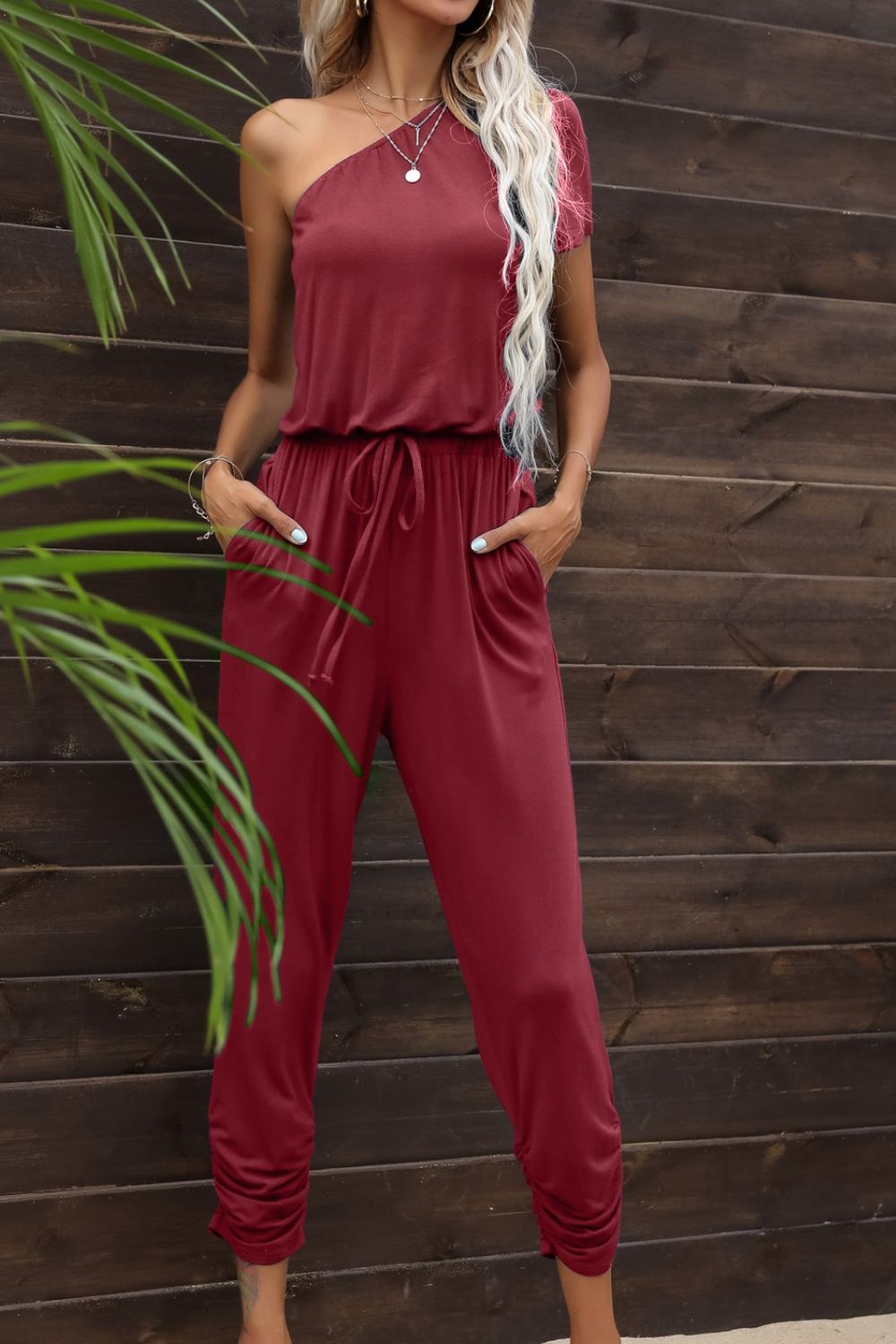 Drawstring Waist One-Shoulder Jumpsuit with Pockets Sunset and Swim Wine S 