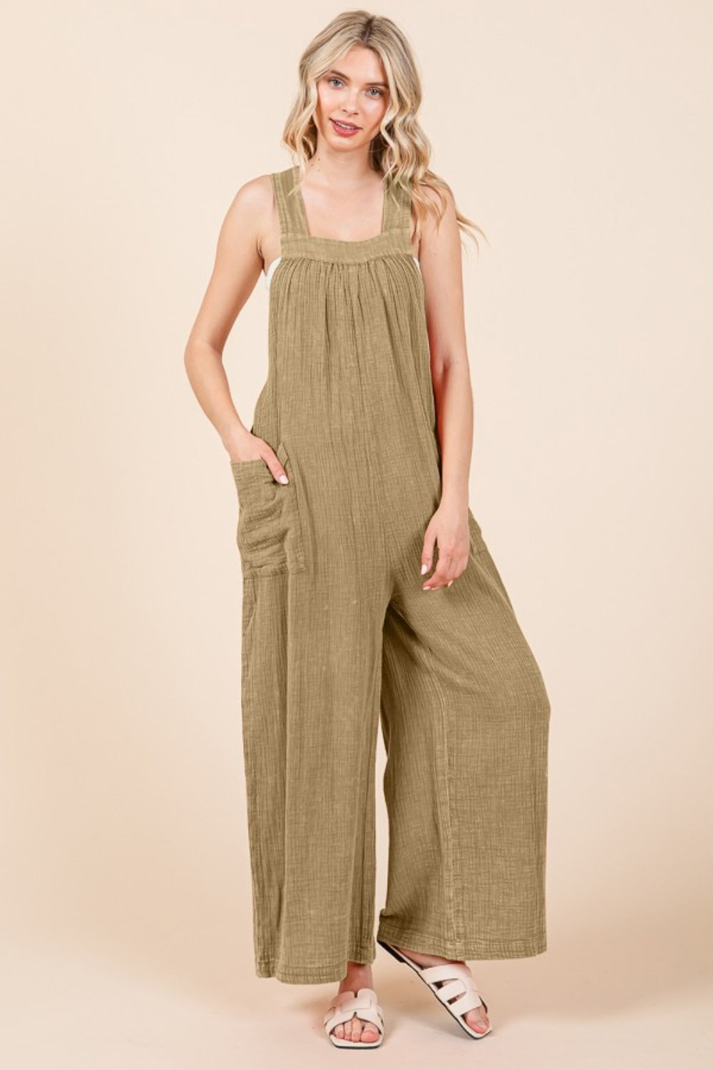 Culture Code Full Size Pocketed Sleeveless Wide Leg Overalls Sunset and Swim Iced Coffee S 