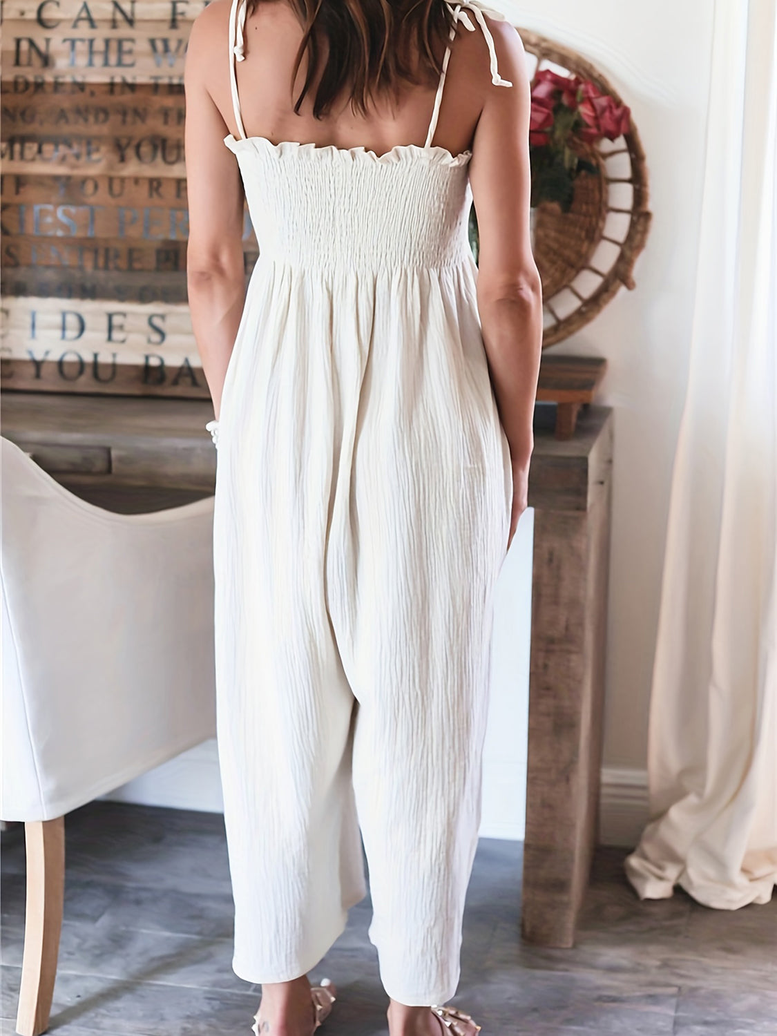 Plus Size Smocked Spaghetti Strap Wide Leg Jumpsuit Sunset and Swim   