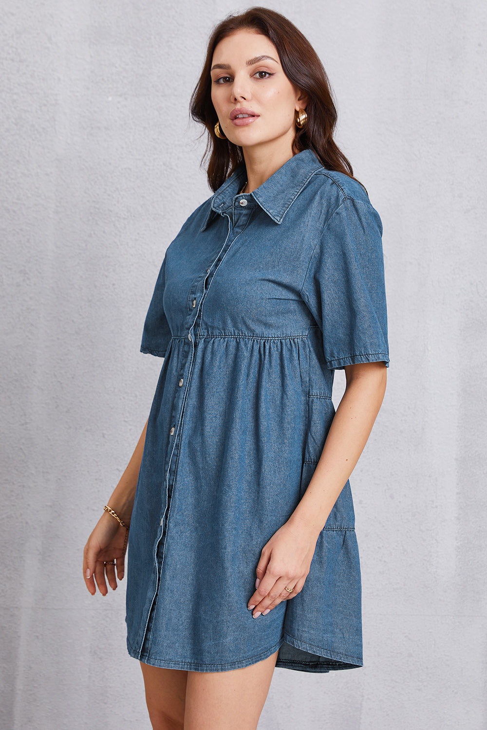 Button Up Collared Neck Tiered Denim Dress Sunset and Swim   