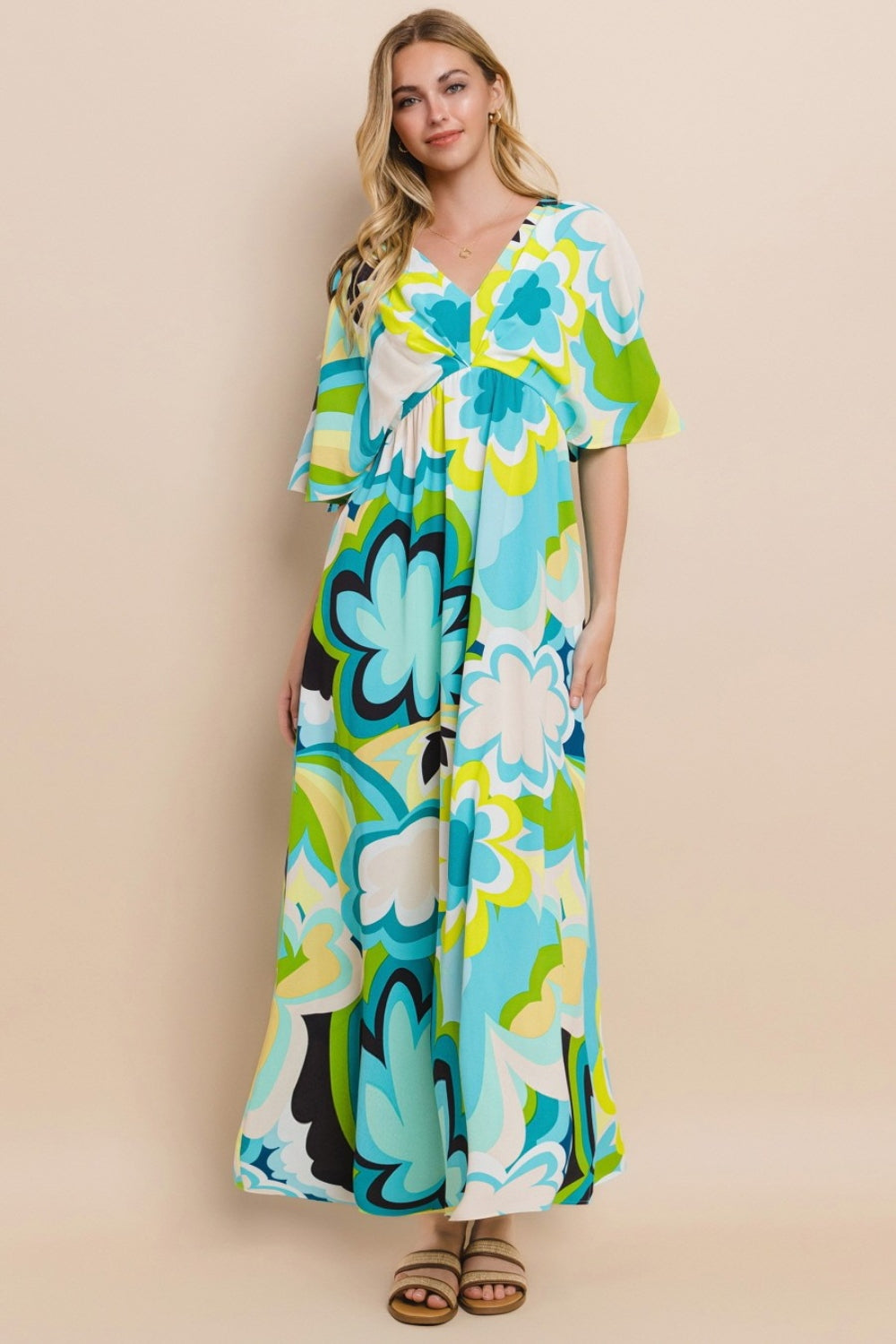 Sunset Vacation Floral Printed Slit Maxi Dress Sunset and Swim Blue Yellow S 