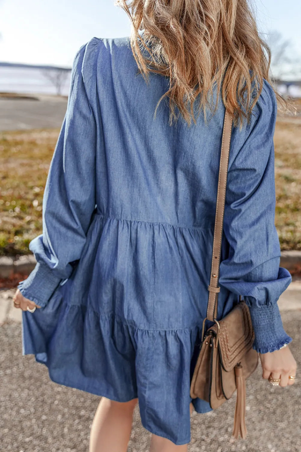 Tiered Johnny Collar Long Sleeve Denim Dress Sunset and Swim   