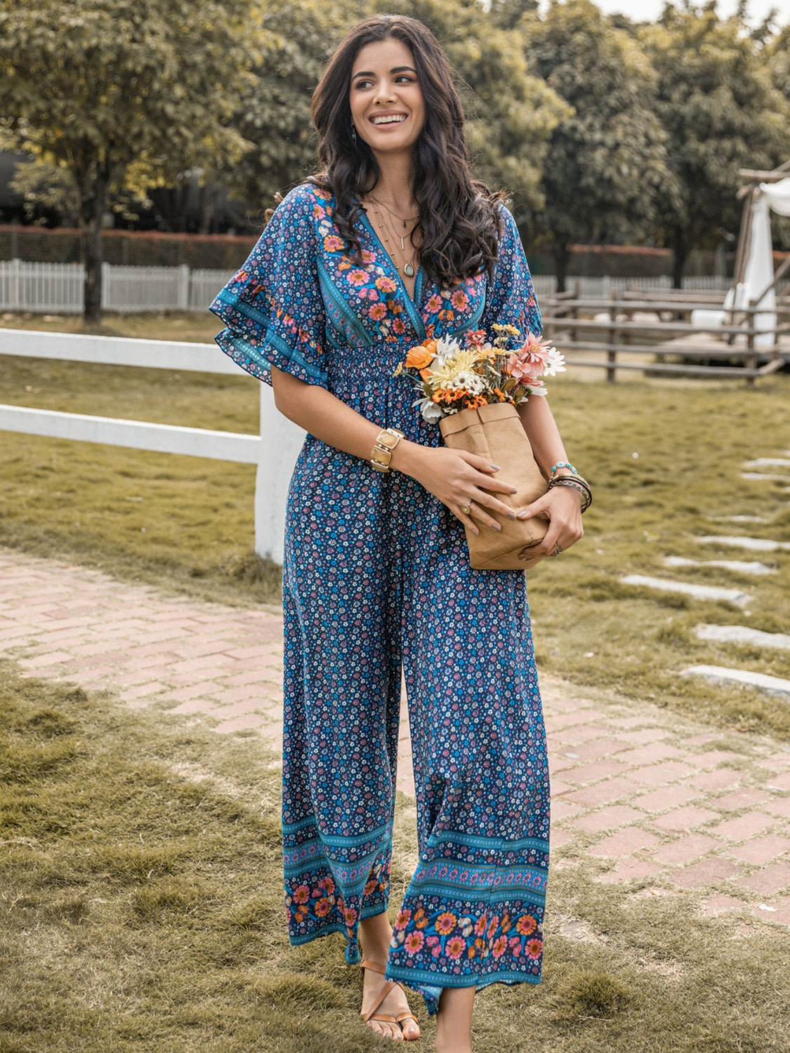 Floral Surplice Flutter Sleeve Jumpsuit Sunset and Swim   