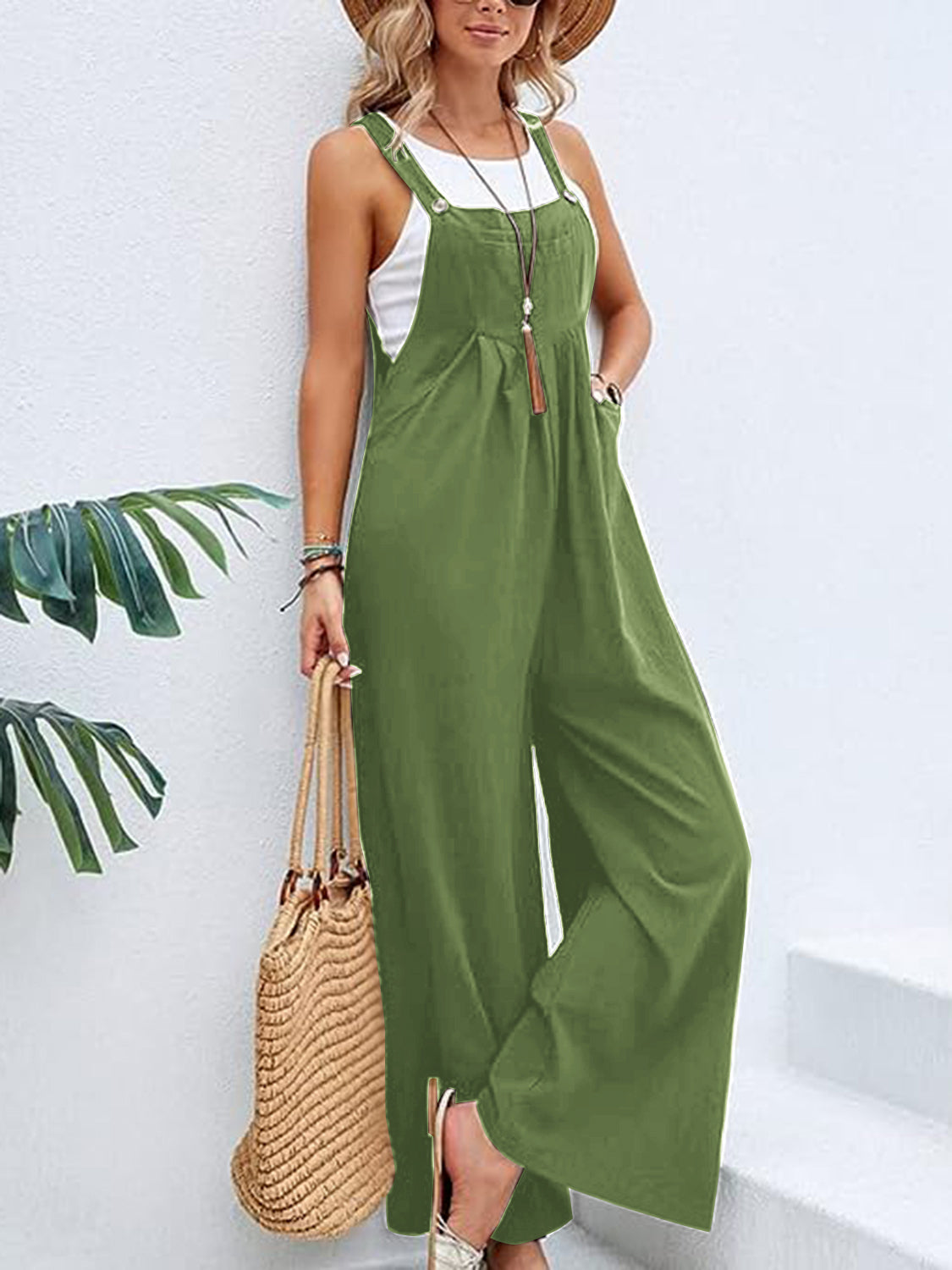 Full Size Wide Leg Overalls with Pockets Sunset and Swim Mid Green S 