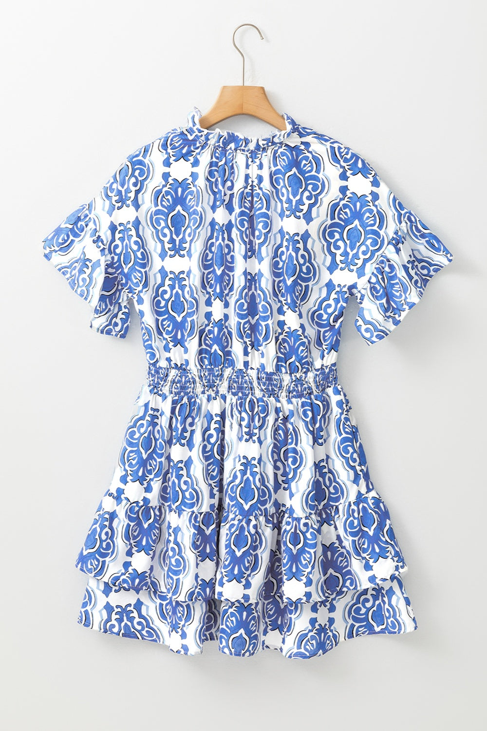 Printed Tie Neck Short Sleeve Mini Dress Sunset and Swim   