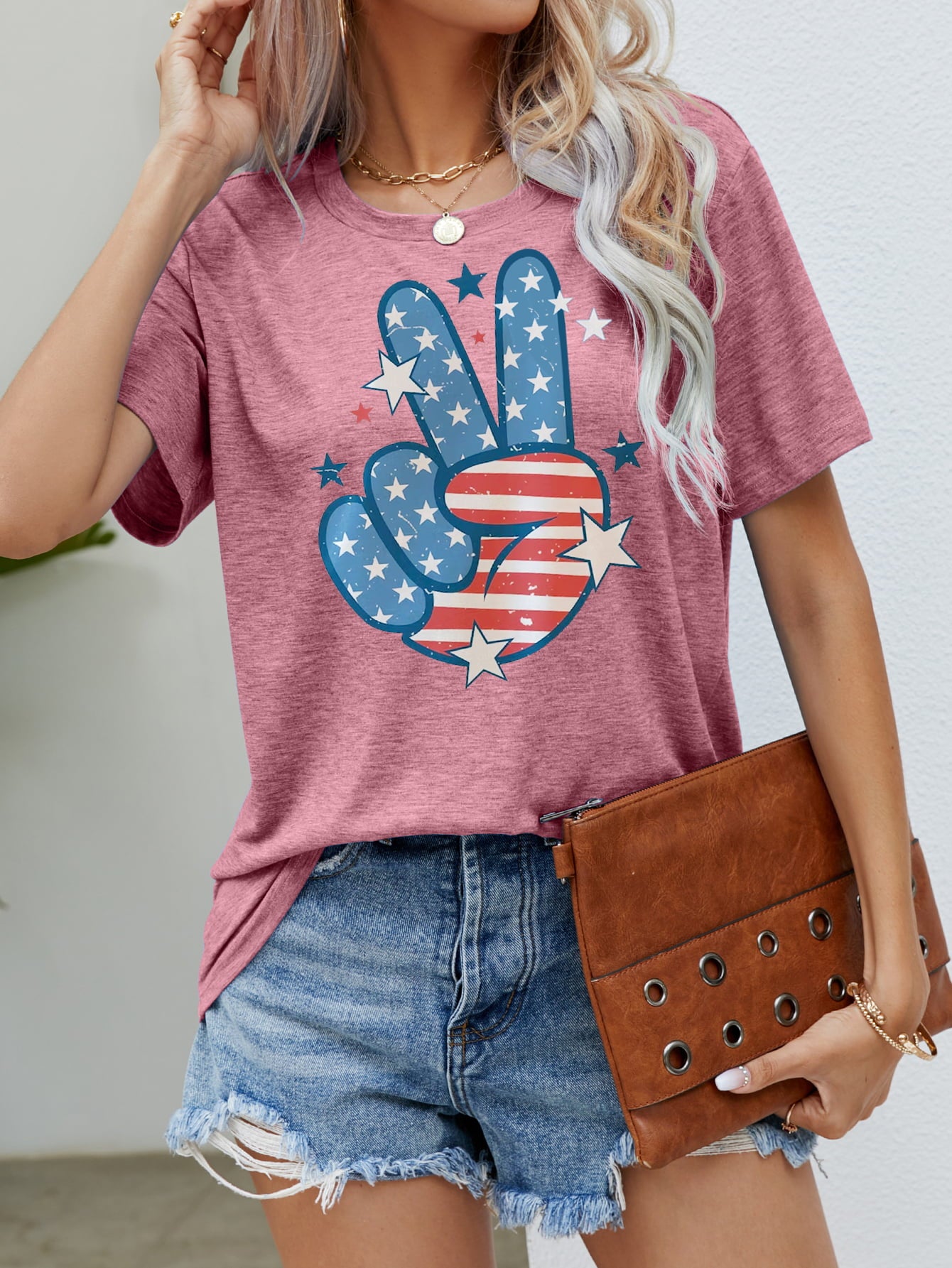 US Flag Peace Sign Hand Graphic Tee Sunset and Swim Dusty Pink S 