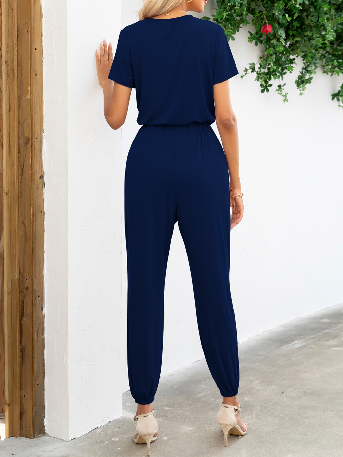 Short Sleeve V-Neck Jumpsuit with Pockets Sunset and Swim   