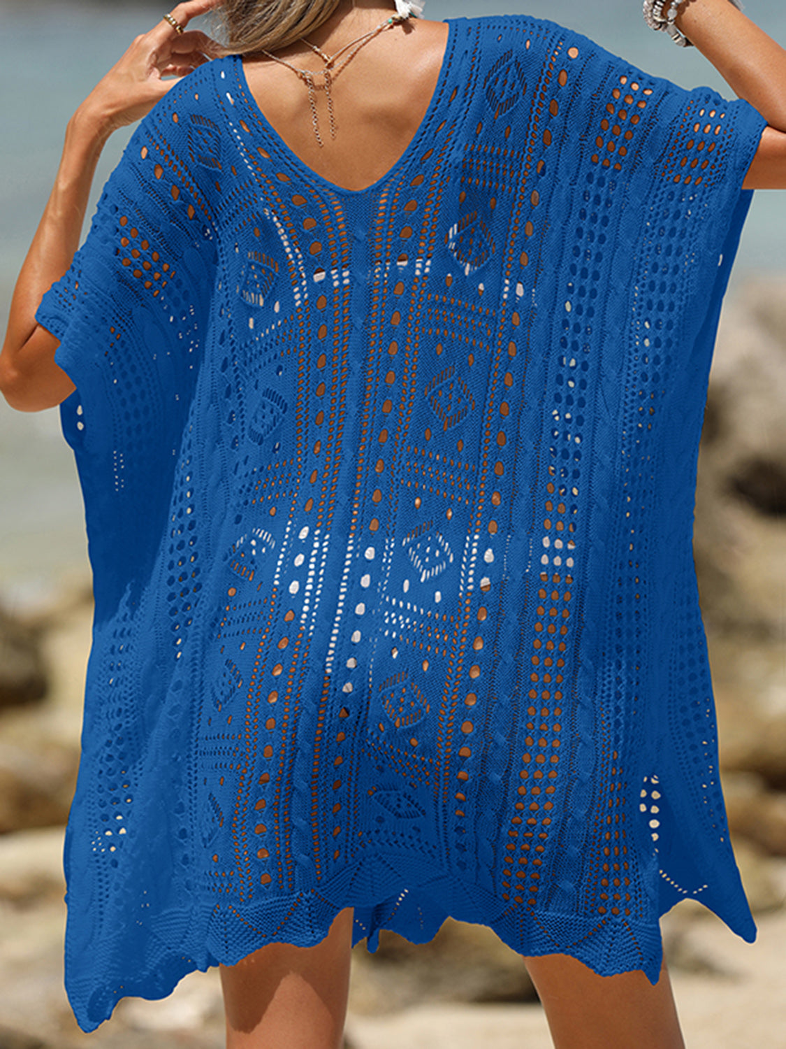 Sunset Vacation  Openwork Half Sleeve Beach Cover Up Sunset and Swim   