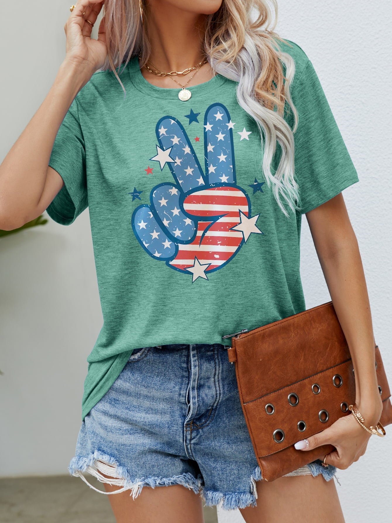 US Flag Peace Sign Hand Graphic Tee Sunset and Swim Gum Leaf S 