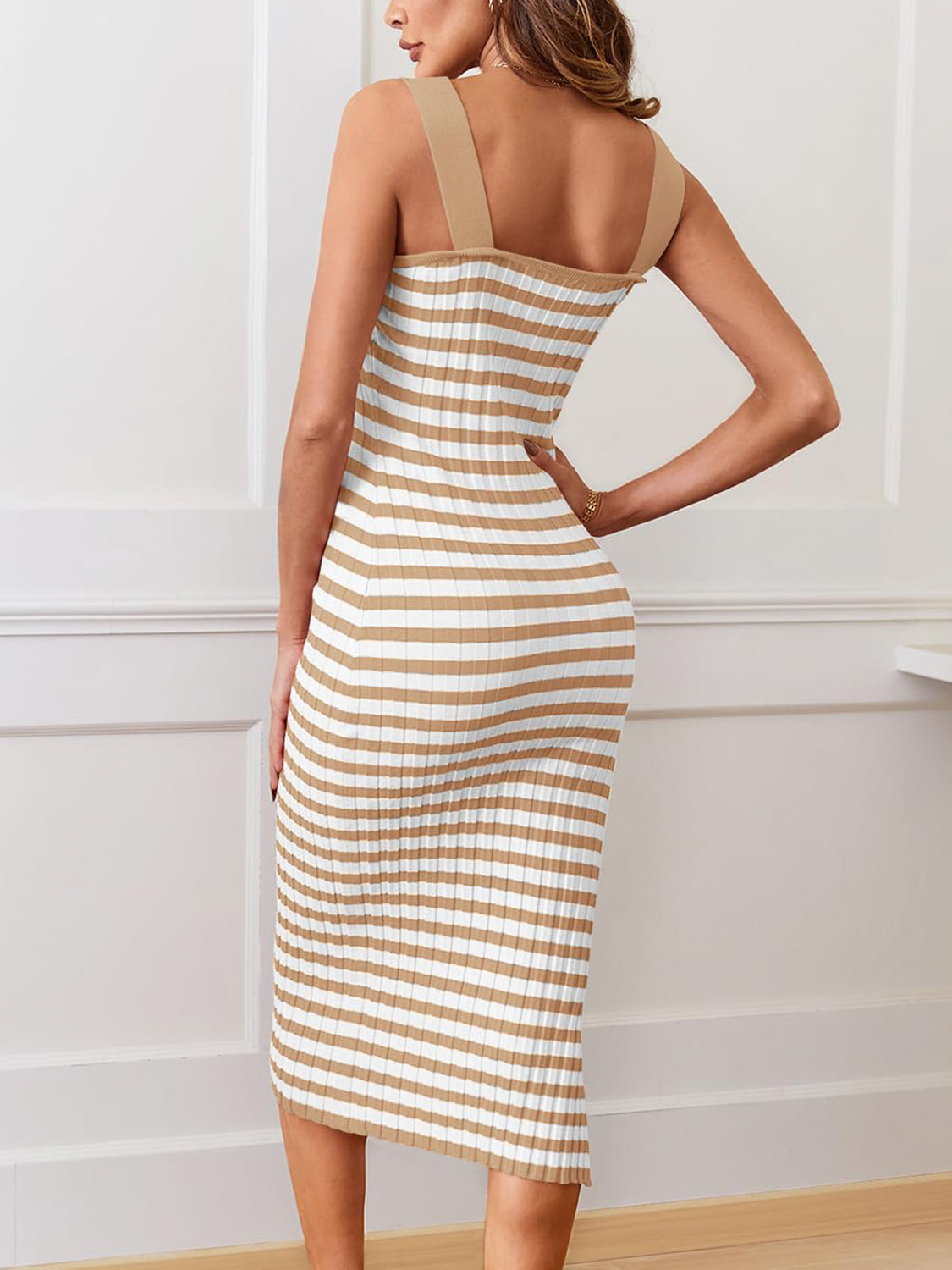 Slit Striped Square Neck Cami Dress Sunset and Swim Camel One Size 