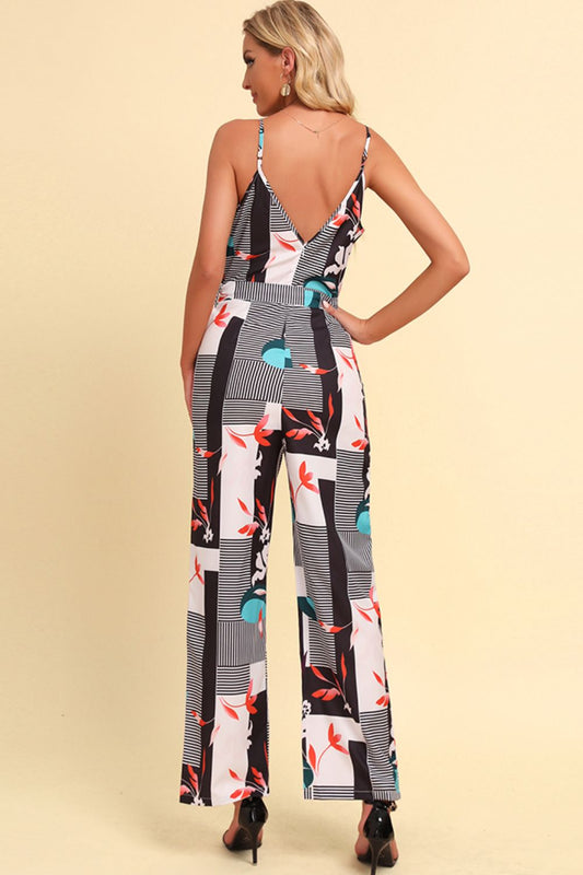Printed Spaghetti Strap Tied Jumpsuit Sunset and Swim   