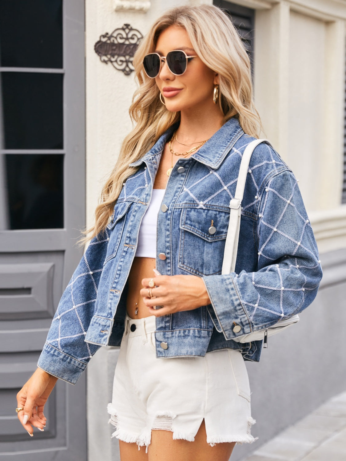 Sunset Vacation Pearl Trim Long Sleeve Denim Jacket Sunset and Swim   