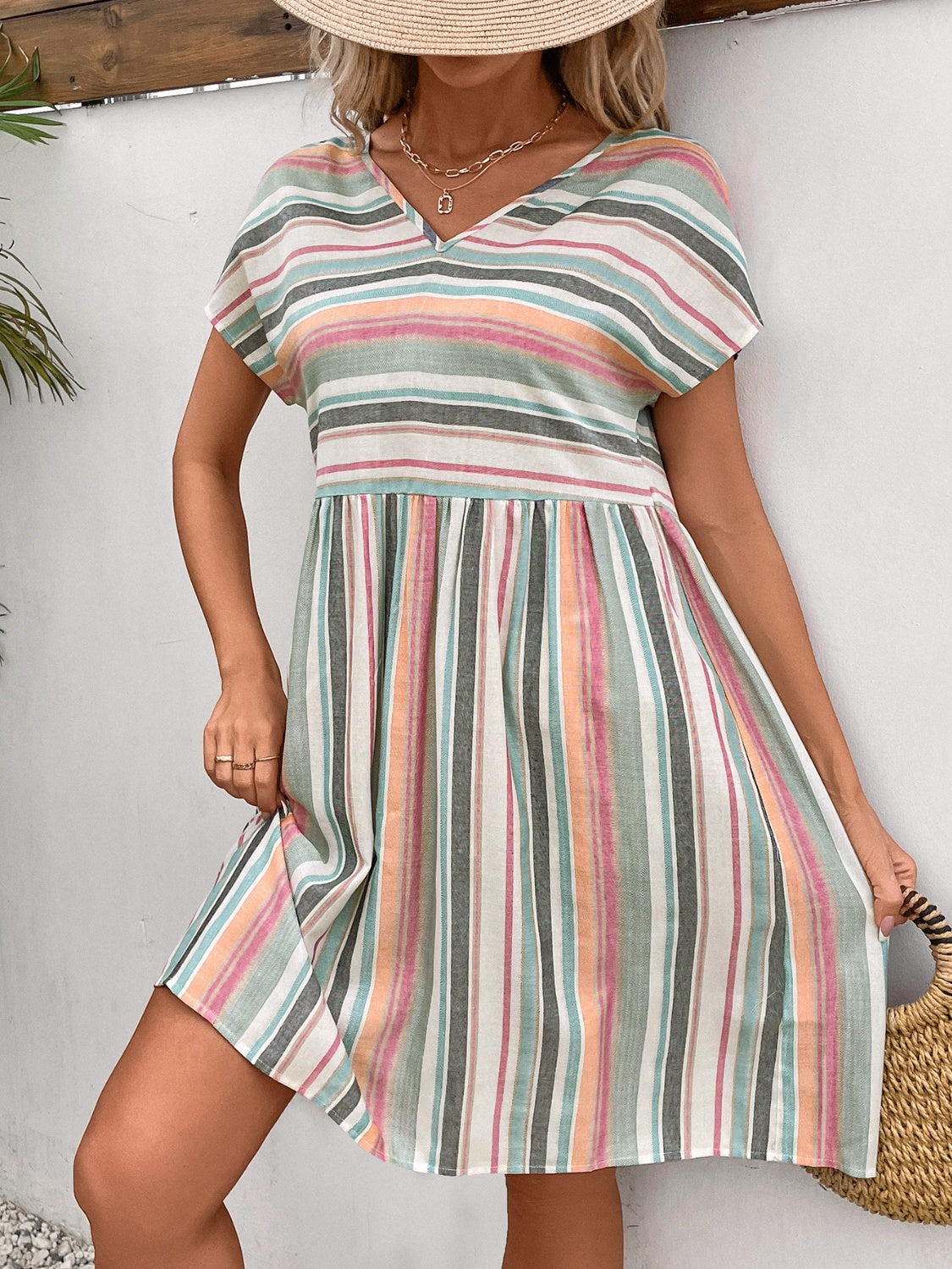 Sunset and Swim  Striped V-Neck Short Sleeve Dress Sunset and Swim   