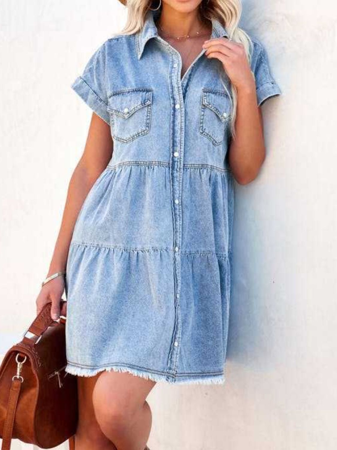 Raw Hem Short Sleeve Denim Dress Sunset and Swim   