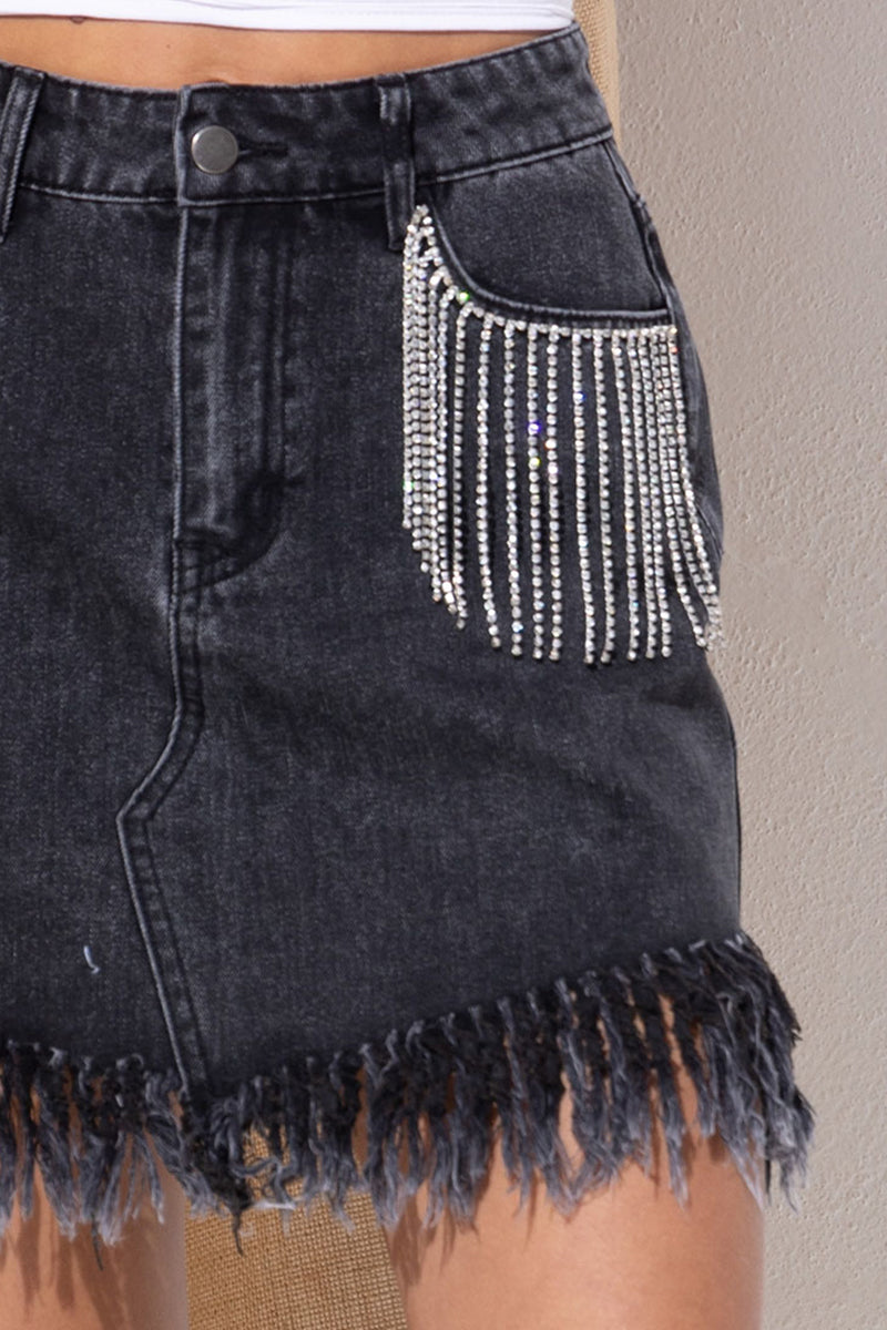 Rhinestone Fringe Denim Skirt Sunset and Swim   