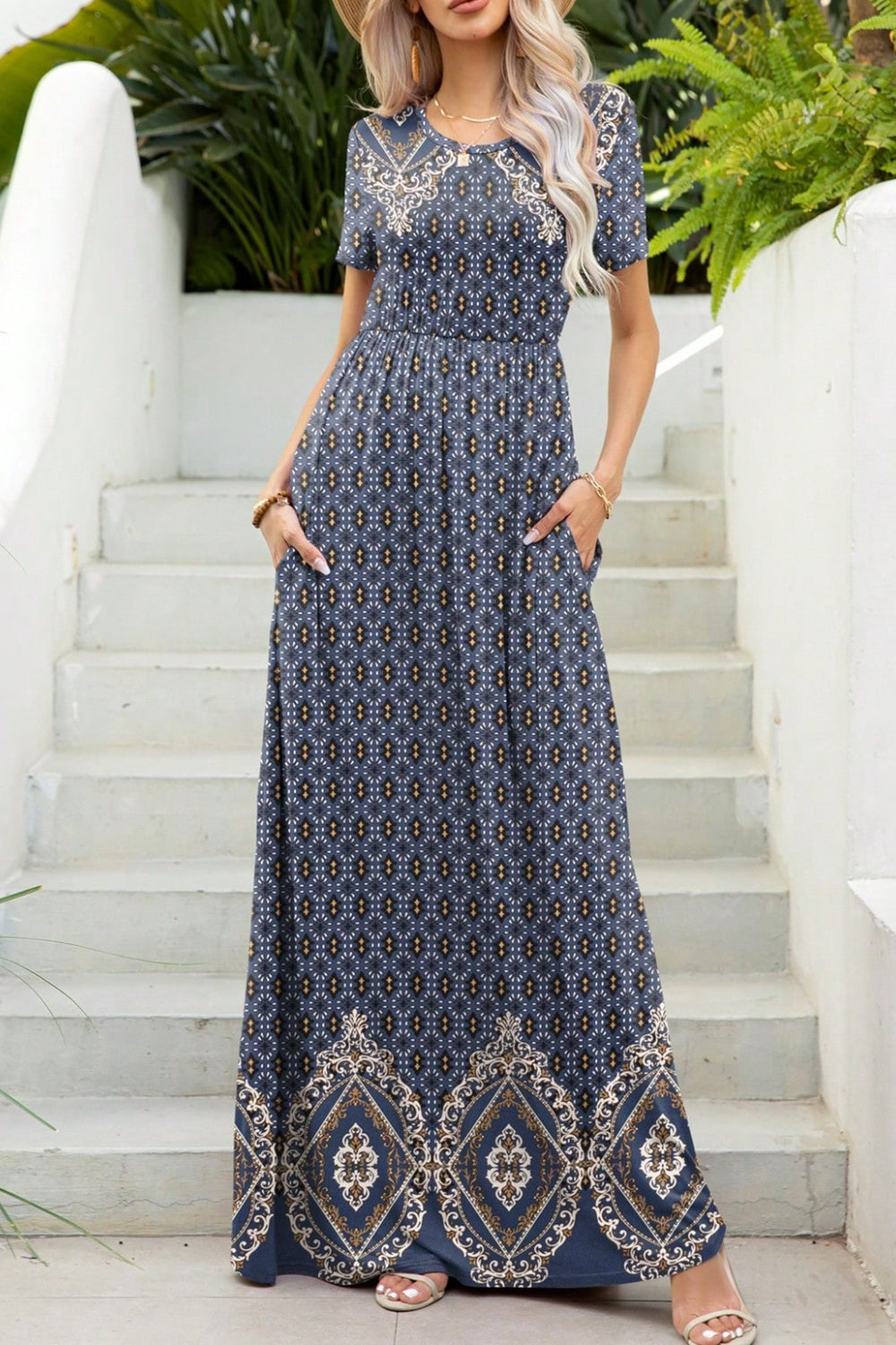 Printed Round Neck Short Sleeve Maxi Dress Sunset and Swim   