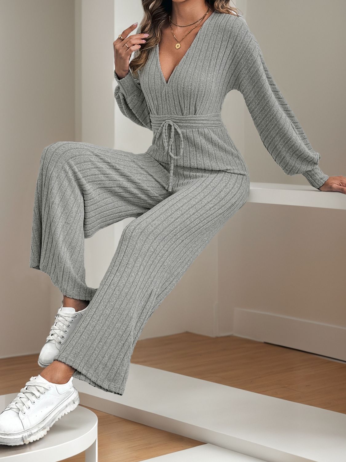 Sunset Vacation V-Neck Long Sleeve Wide Leg Jumpsuit Sunset and Swim   