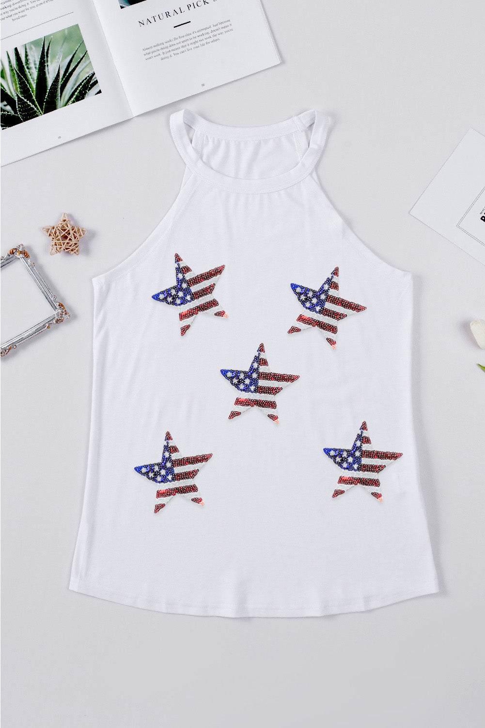 Sequin US Flag Star Grecian Neck Tank Sunset and Swim   