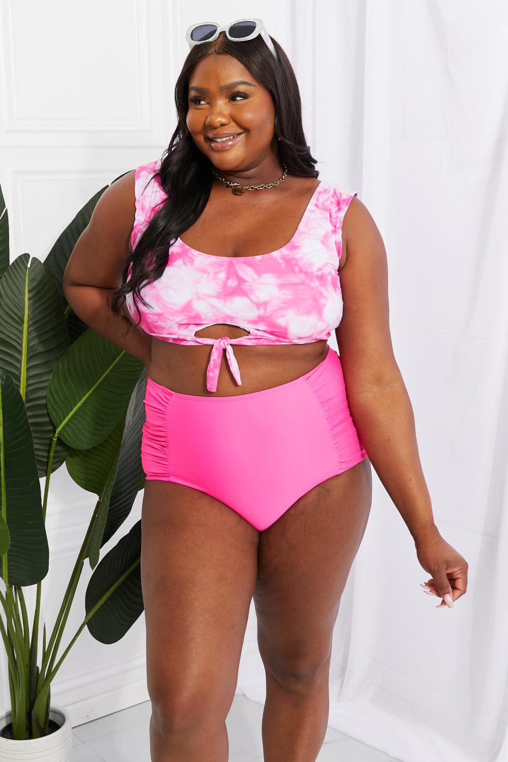 Marina West Swim Sanibel Crop Swim Top and Ruched Bottoms Set in Pink Sunset and Swim   