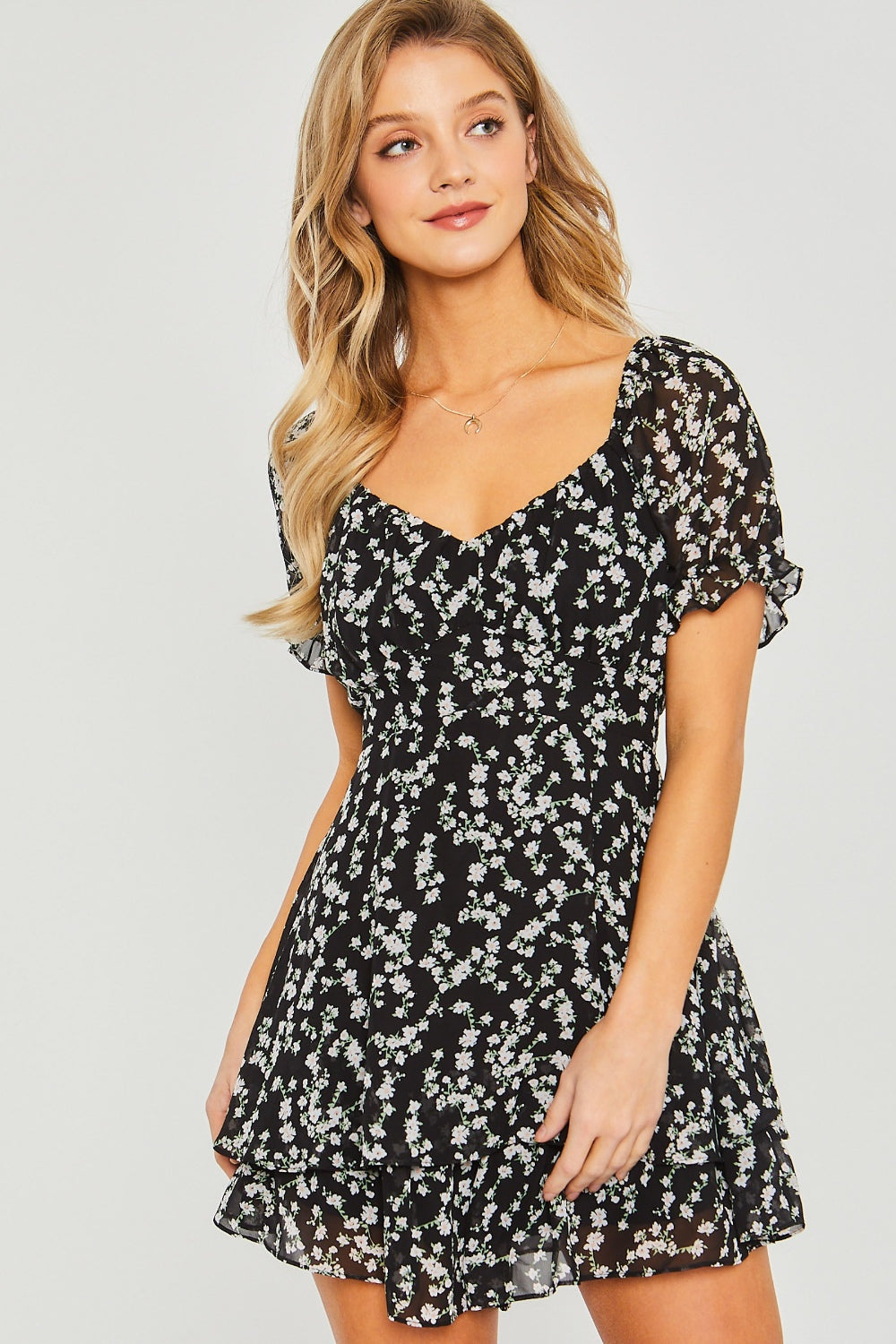 Love Tree Ditsy Floral Short Sleeve Romper Sunset and Swim Black S 